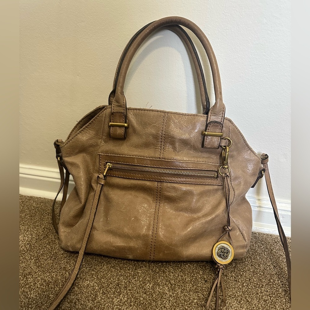 Elliott Lucca Taupe Brown Leather Shoulder Bag with Tassel and Zip Pocket
